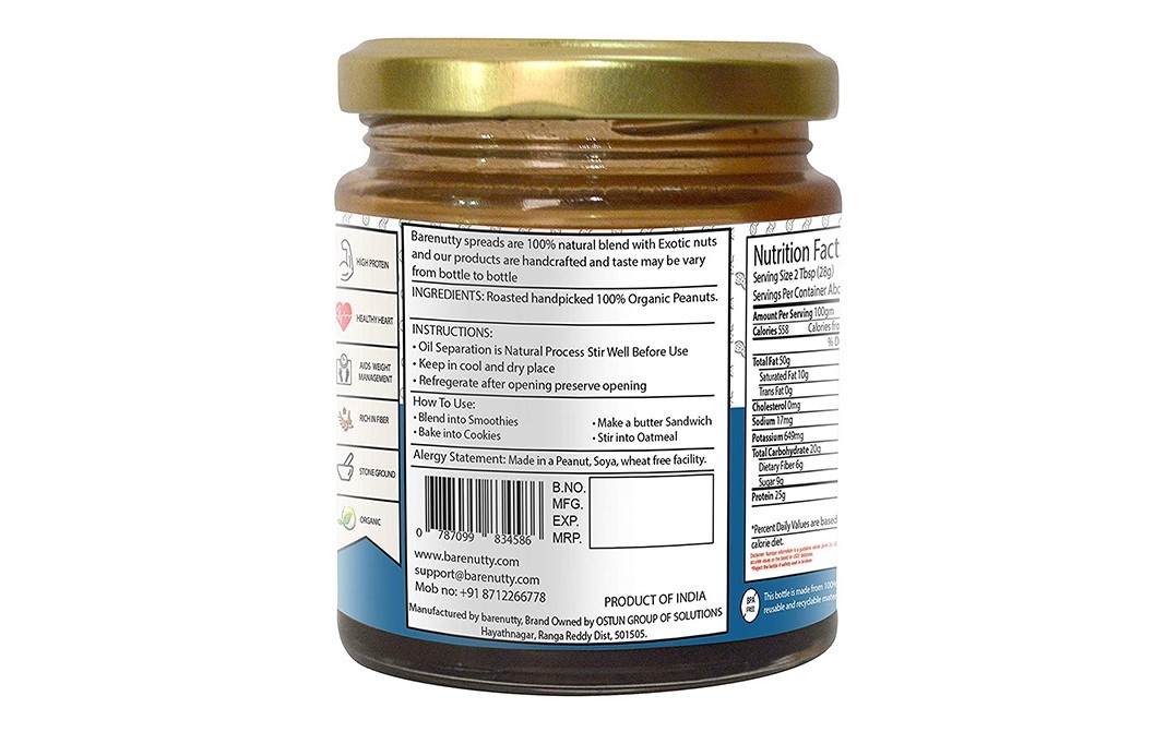 Barenutty Hypogaea Peanut Butter Crunchy   Glass Jar  200 grams